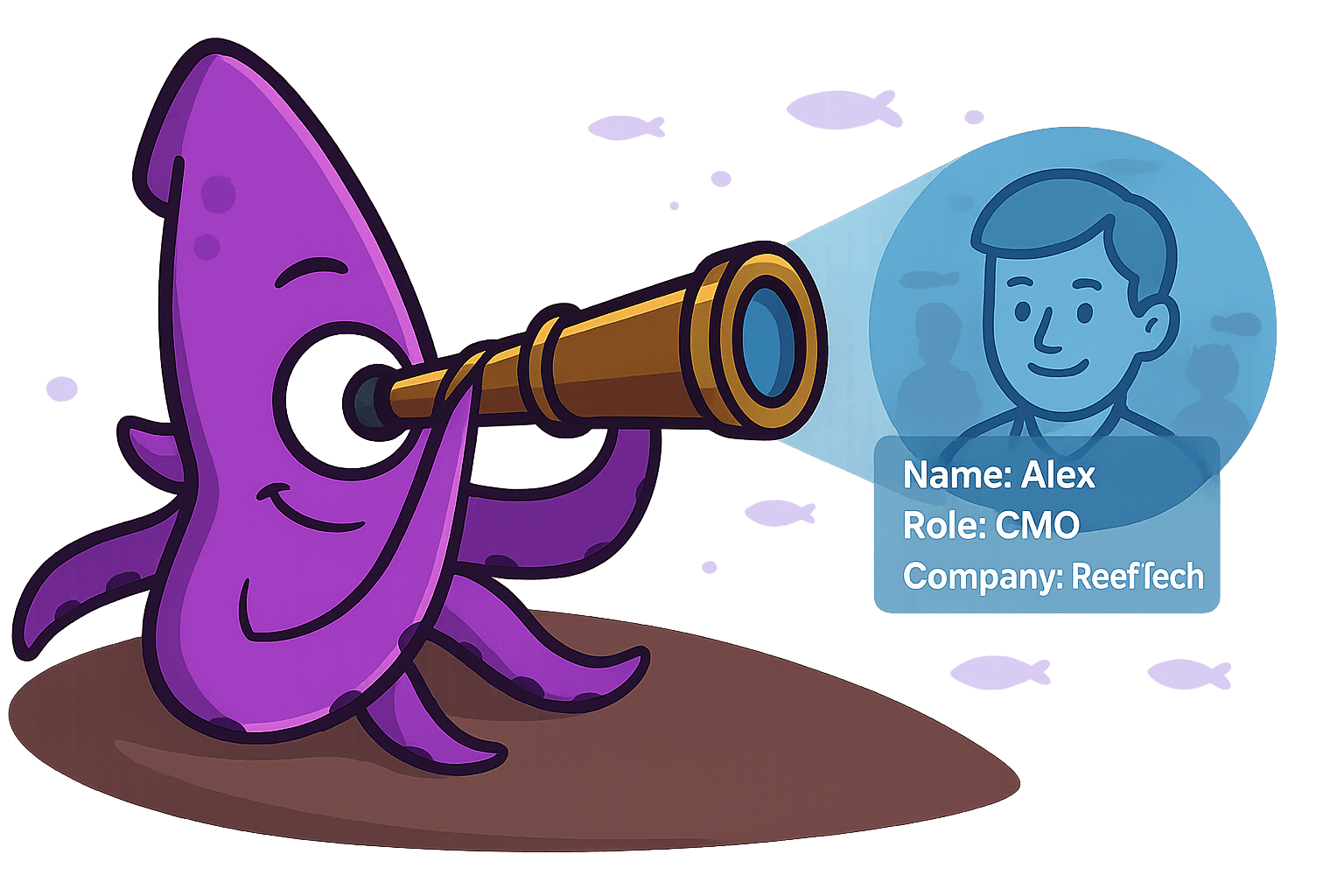 The Squid mascot identifying a website visitor through a telescope